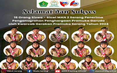 Selamat dan Sukses Kepada 16 Orang Siswa - Siswi MAN 2 Serang Penerima Penganugrahan Penghargaan Pramuka Garuda Oleh Kwarcab Gerakan Pramuka Serang Tahun 2024